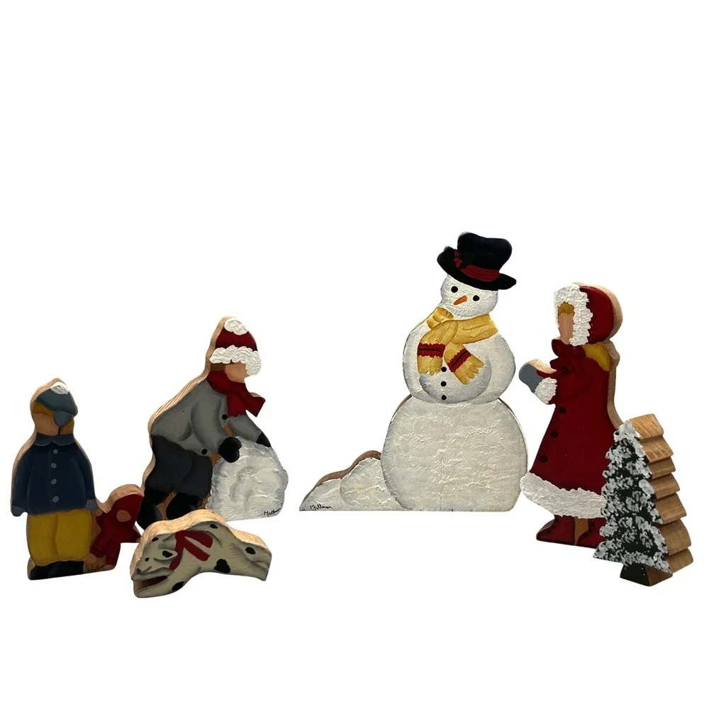 Hand painted‎ signed 6 piece wood Winter scene Snowman children Winter decor